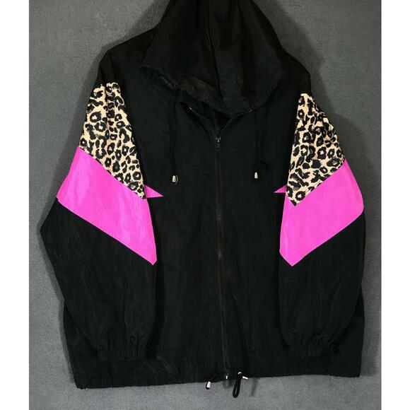 New Look Sport Windbreaker Jacket 3X Black Pink Leopard Print Retro #3 - Picture 1 of 5